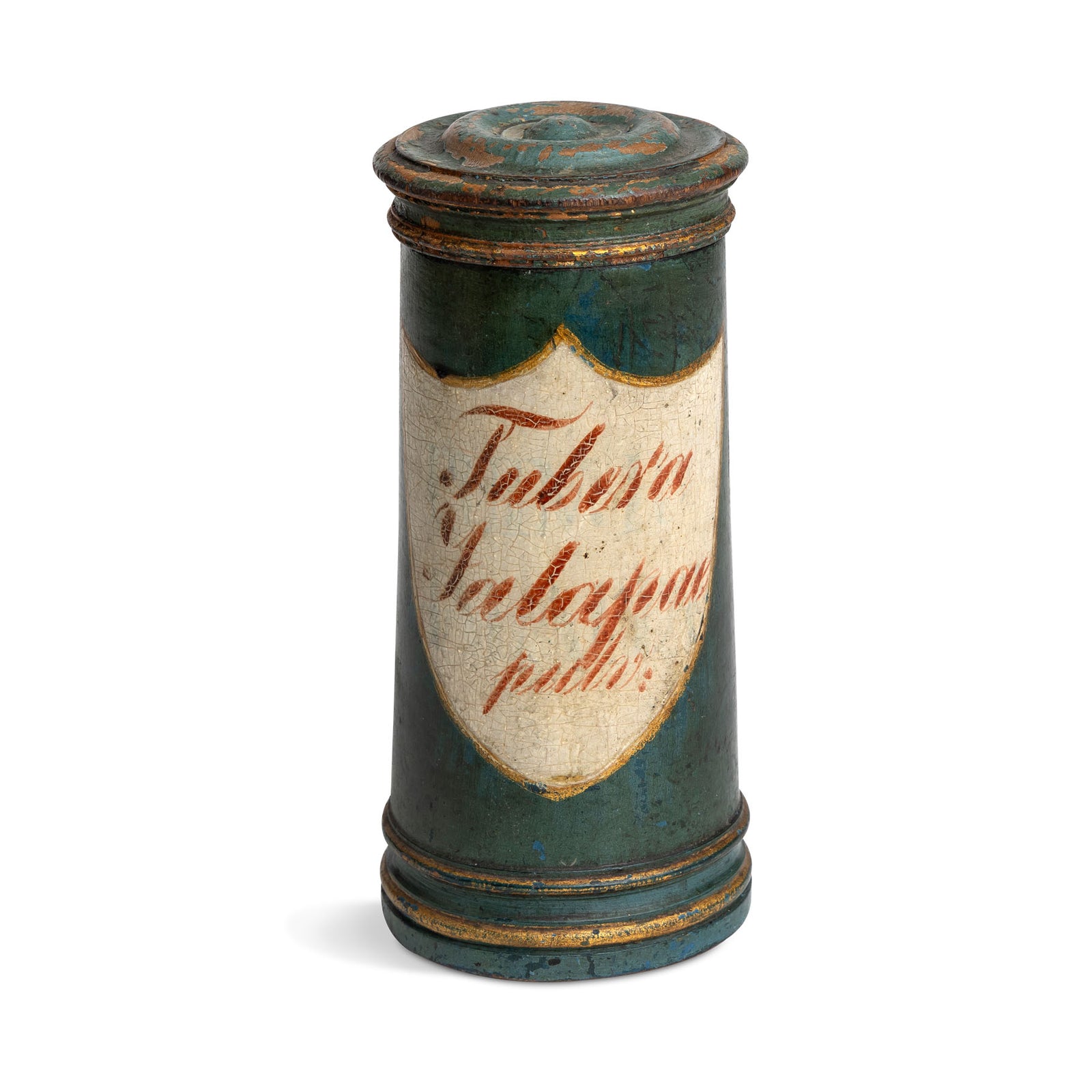 Early 19th C. Italian Apothecary Wooden Jar Powdered Tuberosa Jalapae Eleish Van Breems Home