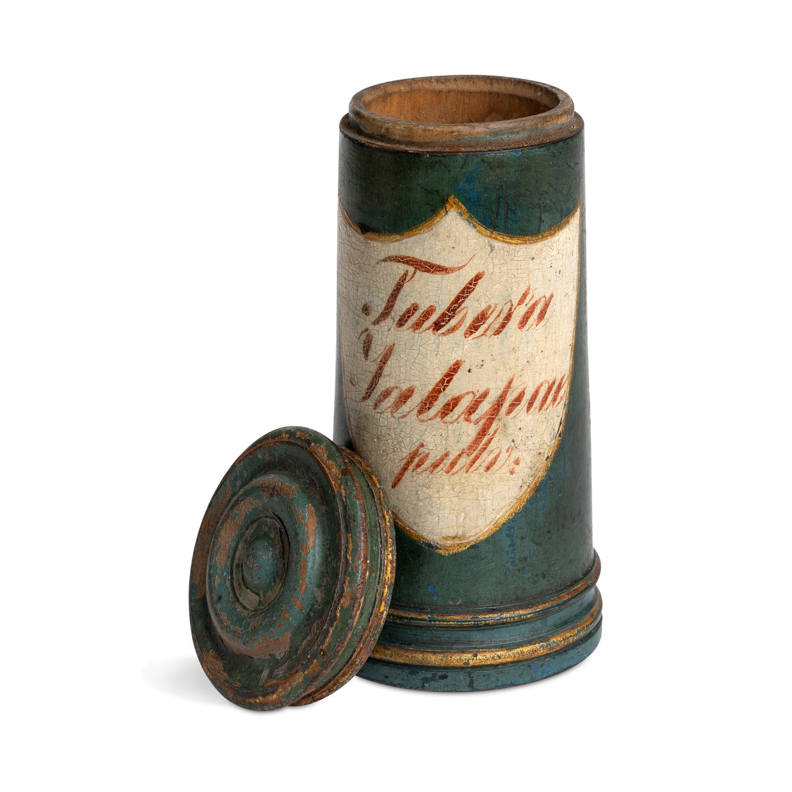 Early 19th C. Italian Apothecary Wooden Jar Powdered Tuberosa Jalapae Eleish Van Breems Home