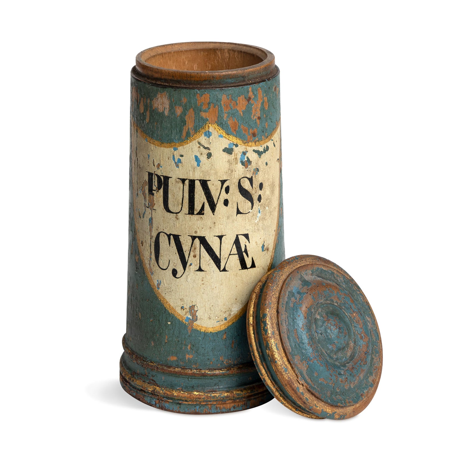Early 19th C. Apothecary Wooden Jar of Pulvis Cyna Eleish Van Breems Home