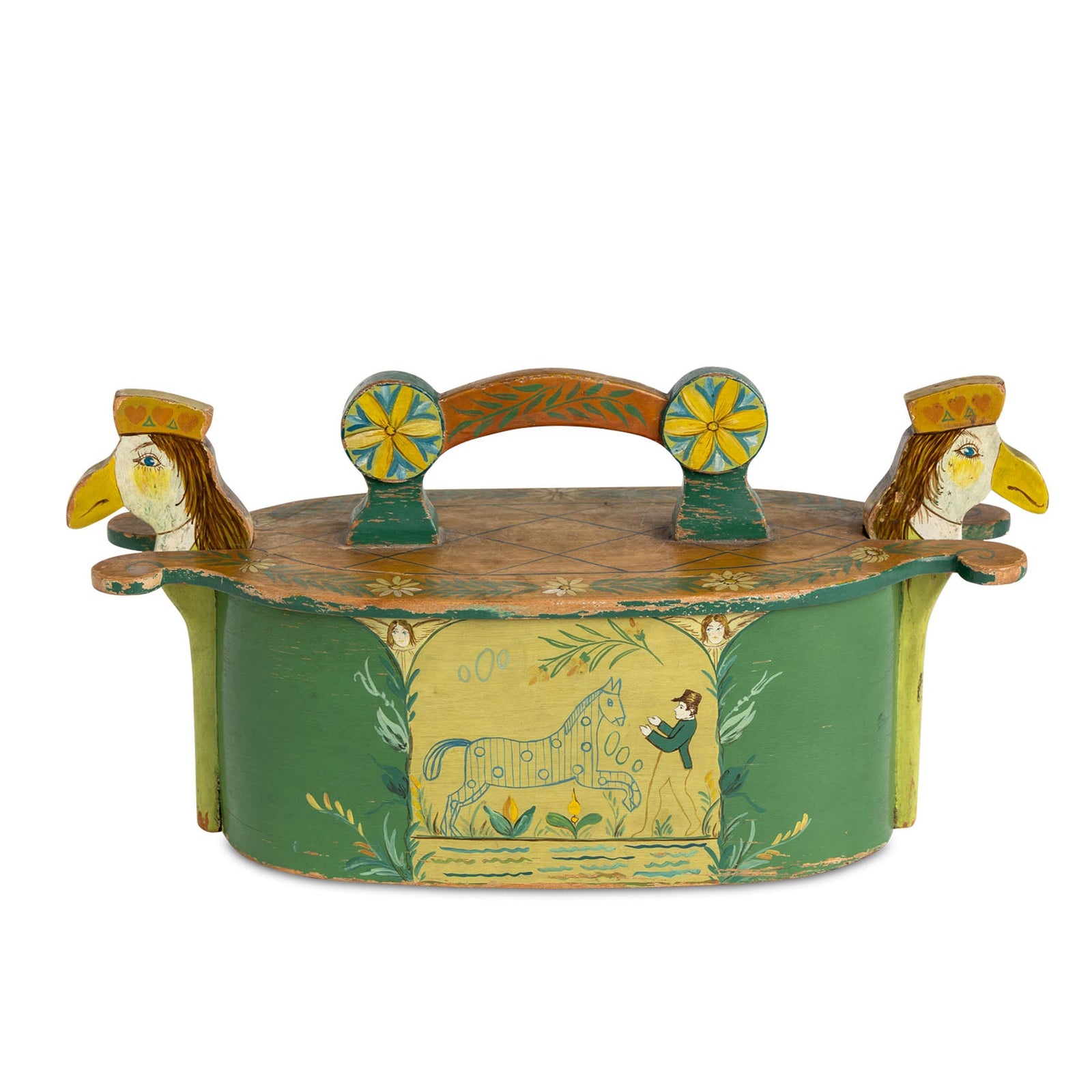 Norwegian Hand Painted Tine Box with Carved Heads Eleish Van Breems Home