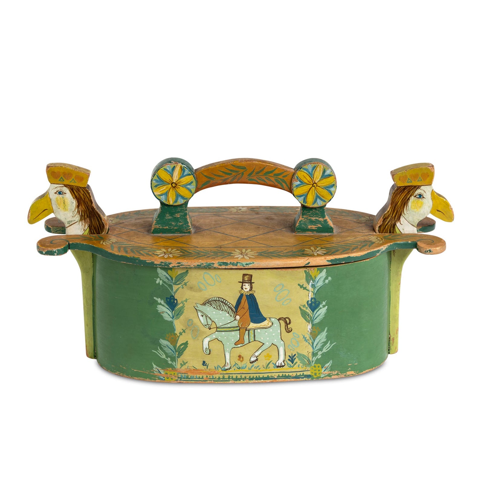 Norwegian Hand Painted Tine Box with Carved Heads Eleish Van Breems Home