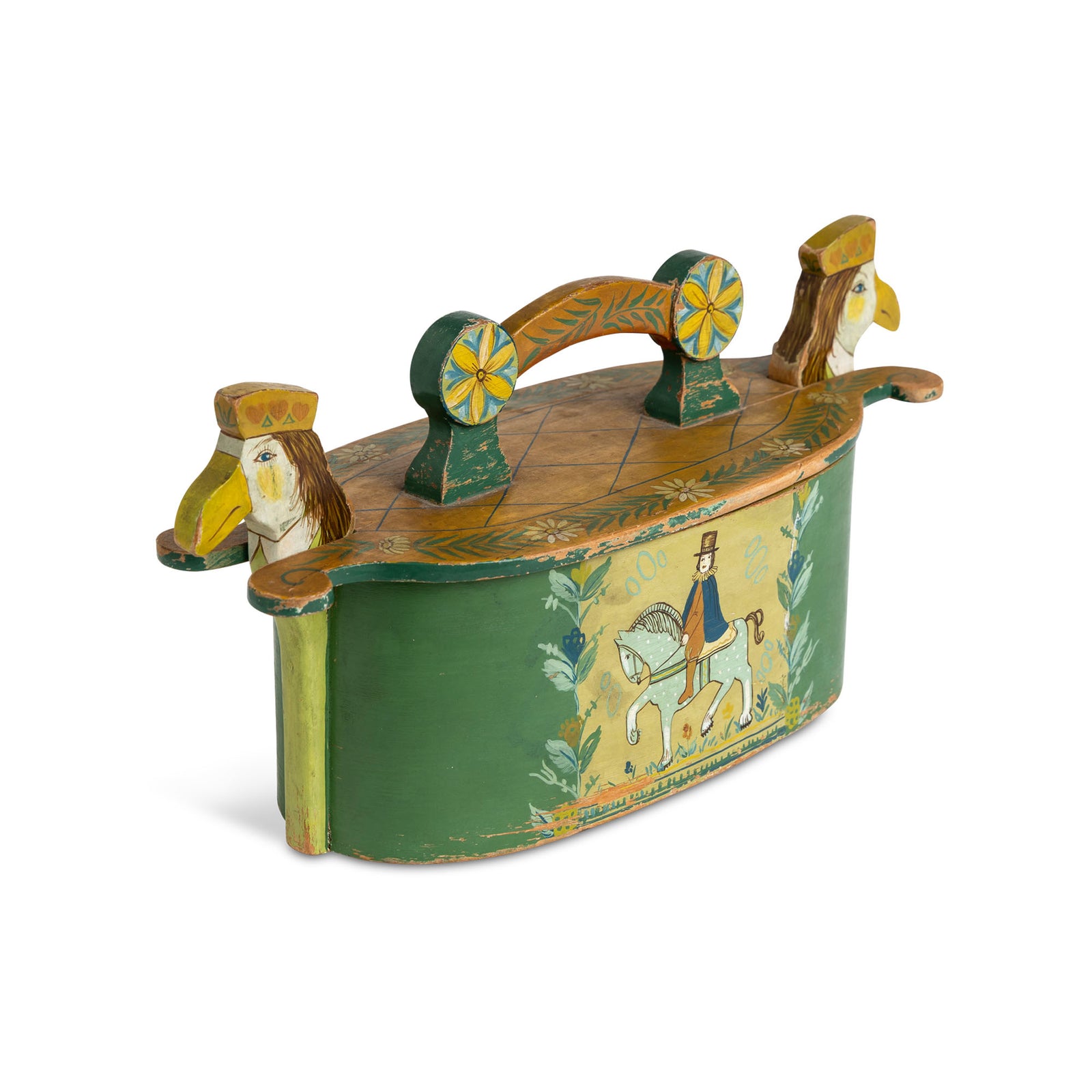 Norwegian Hand Painted Tine Box with Carved Heads Eleish Van Breems Home