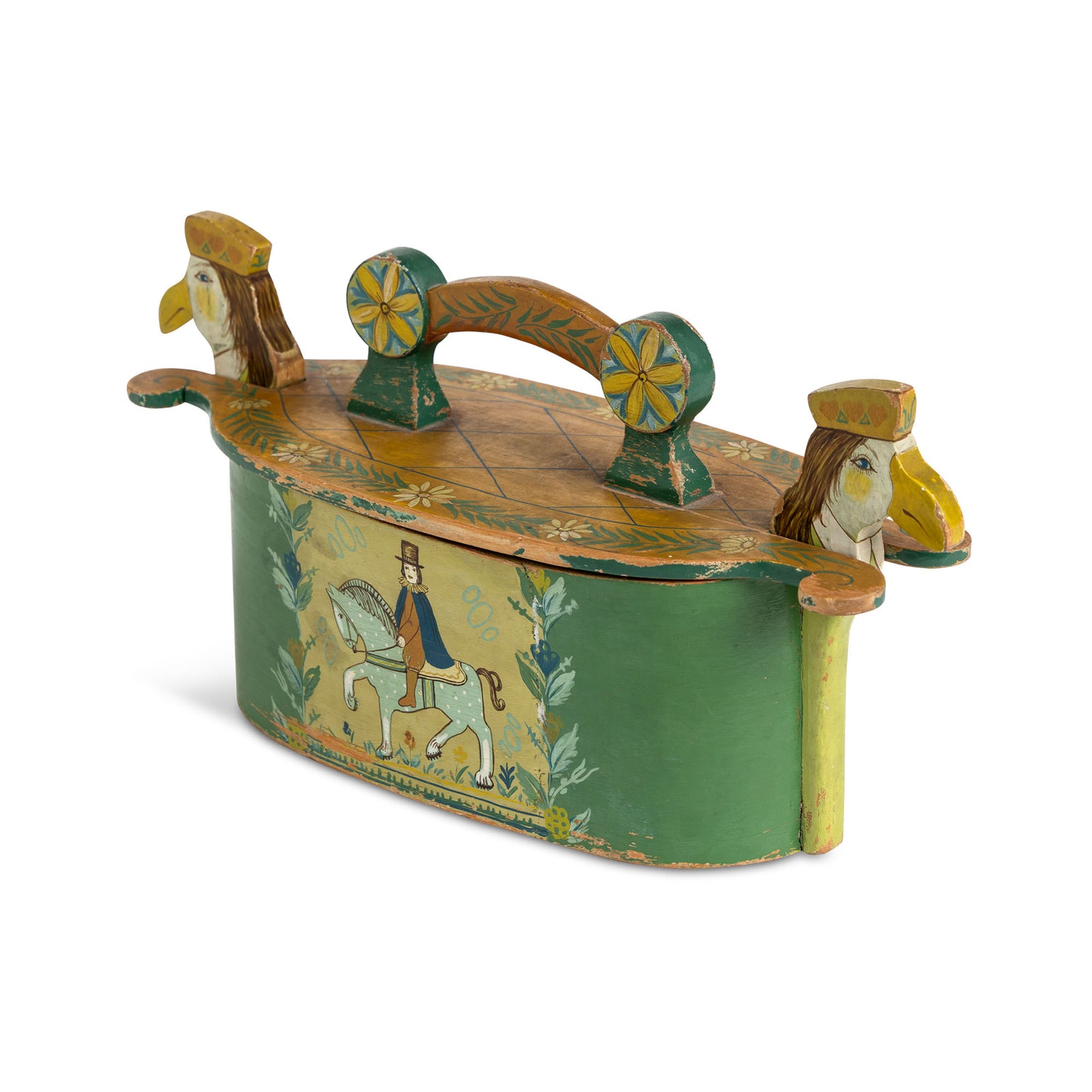 Norwegian Hand Painted Tine Box with Carved Heads Eleish Van Breems Home