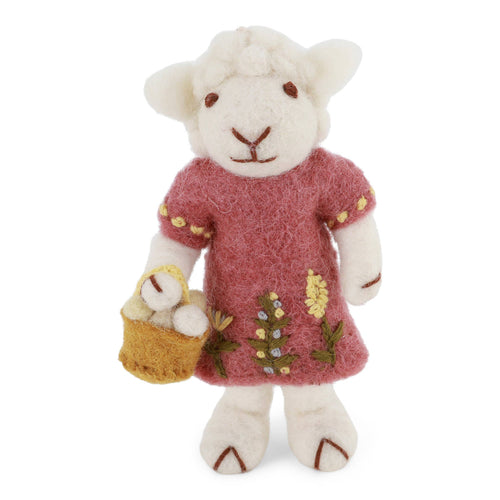 Felted Wool White Sheep With Dusty Red Dress & Egg Basket