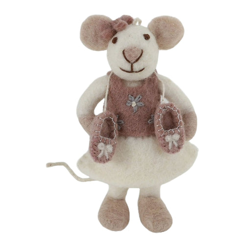 Small White Ballerina Mouse with Ballerina Shoes & Bow Ornament