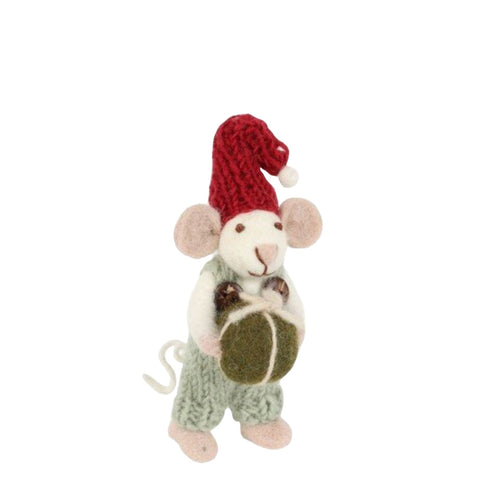 Small White Mouse With Light Green Pants & Present Ornament