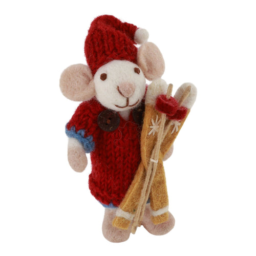 Small White Girly Mouse With Red Dress & Skis Ornament