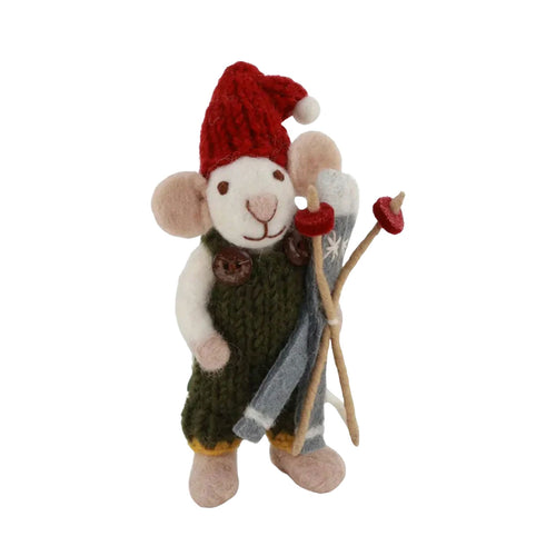 Small White Boy Mouse With Green Pants & Skis Ornament