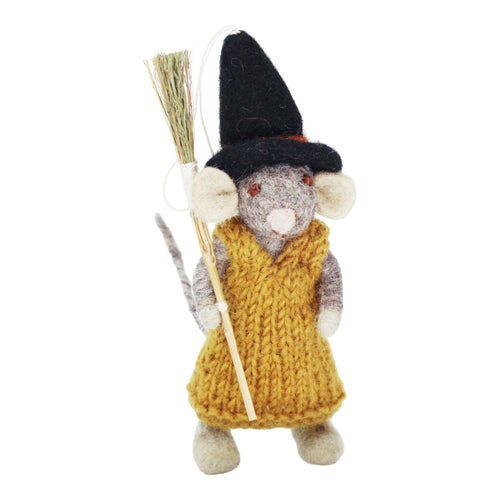 Small Grey Girly Mouse With Broom & Ochre Dress Ornament