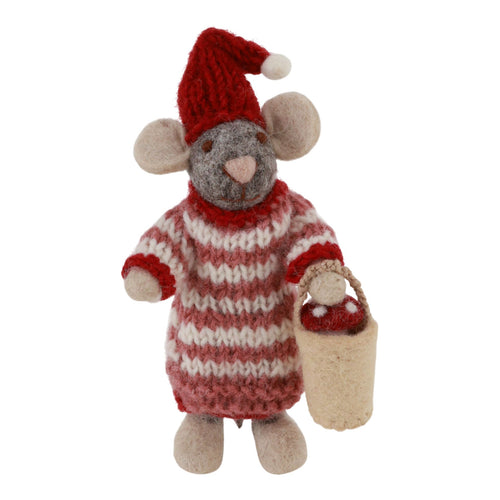 Small Grey Girly Mouse in Dress With Mushroom in Bucket Ornament