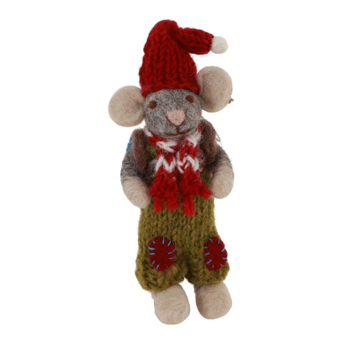 Small Grey Boy Mouse With Green Pants & Backpack Ornament