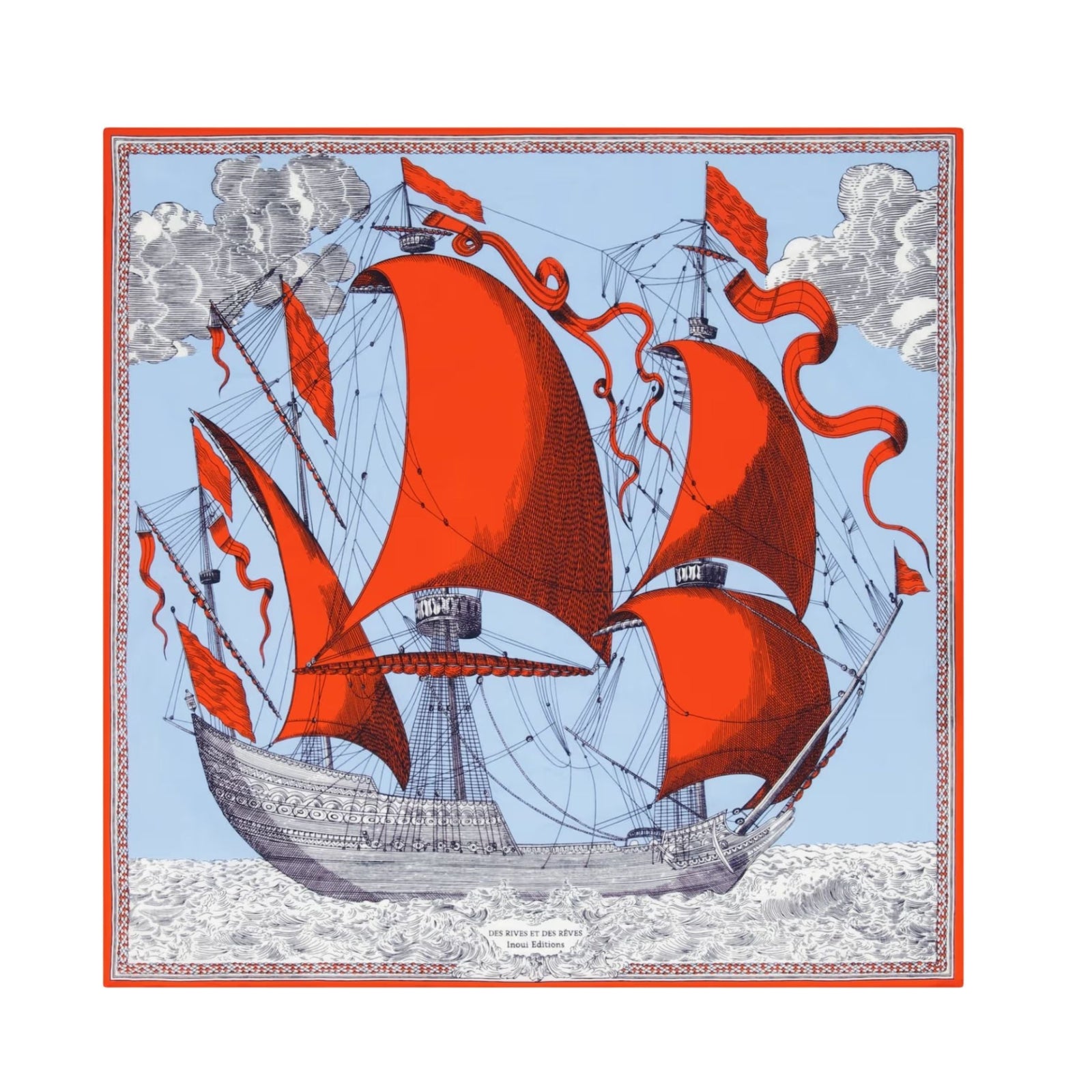 Square Scarf, Tall Ship In Blue With Red Sails Eleish Van Breems Home