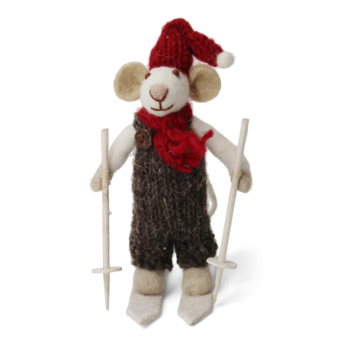 Small White Boy Mouse On Skis With Brown Pants