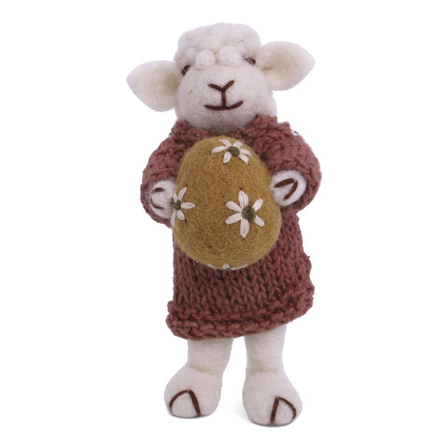 Felted Wool White Sheep With Dusty Red Dress & Egg with String