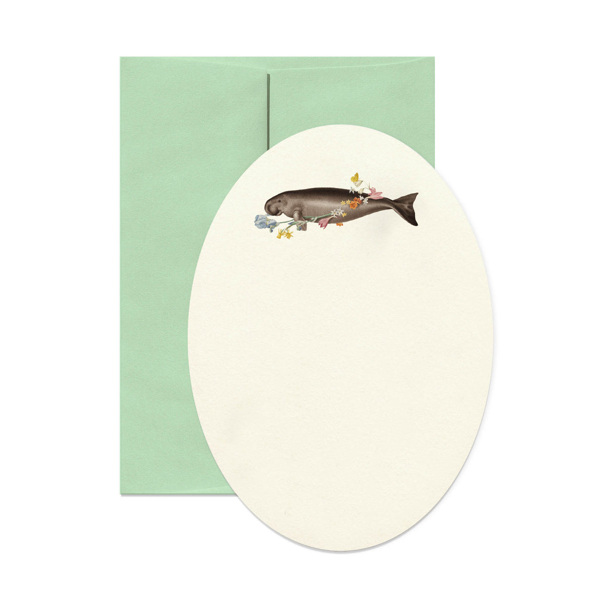 Manatee With Flowers Oval Card With Envelope Eleish Van Breems Home