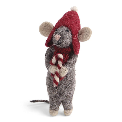 Grey Mouse Ornament With Candy Cane