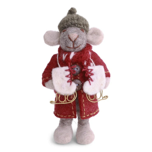 Small Grey Girly Mouse Ornament With Coat & Ice Skates