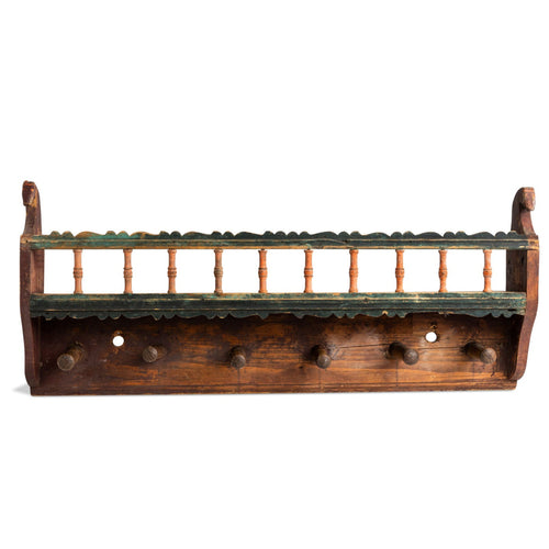 Early 19th Century Original Painted Pine Singular Hanging Shelf with Rounded Pegs