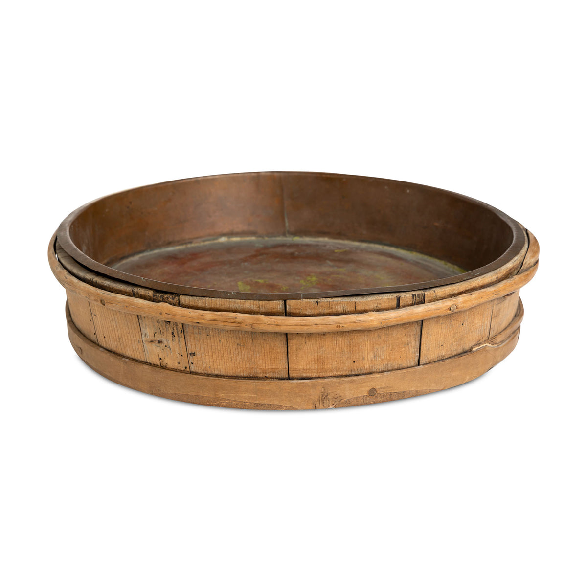 Early 19thc Swedish Wood Banded Willow Milk Pan with Copper Liner Eleish Van Breems Home