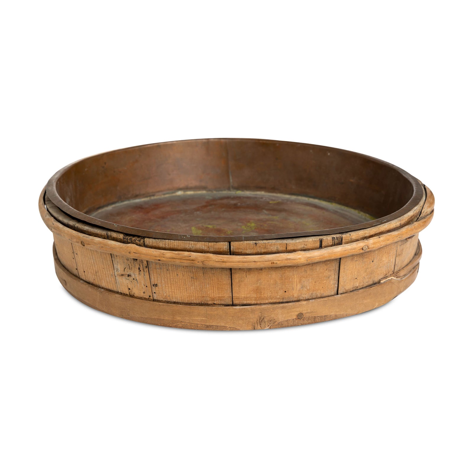 Early 19thc Swedish Wood Banded Willow Milk Pan with Copper Liner Eleish Van Breems Home