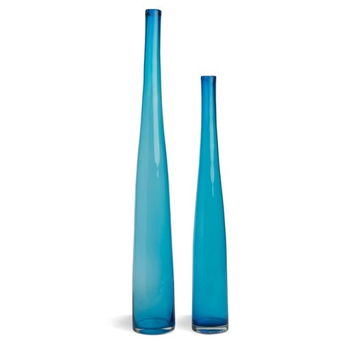 Pair of American Mid-Century Tall Peacock Blue hand-blown Bottle Vases.