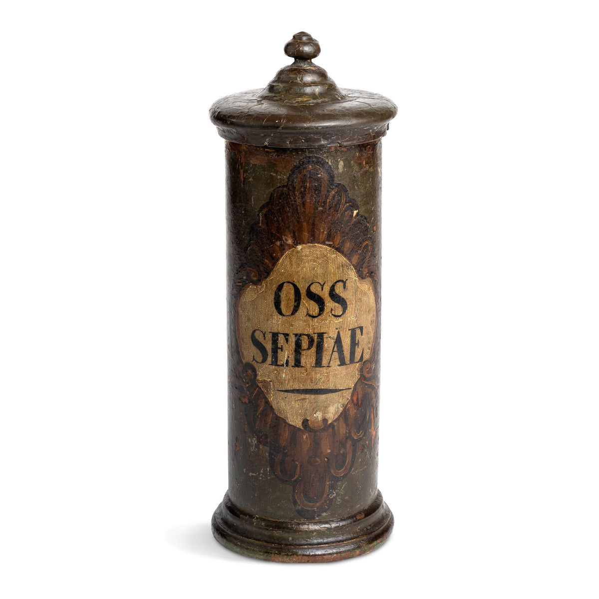 Early 19th C. Italian Apothecary Painted Wooden Jar Eleish Van Breems Home