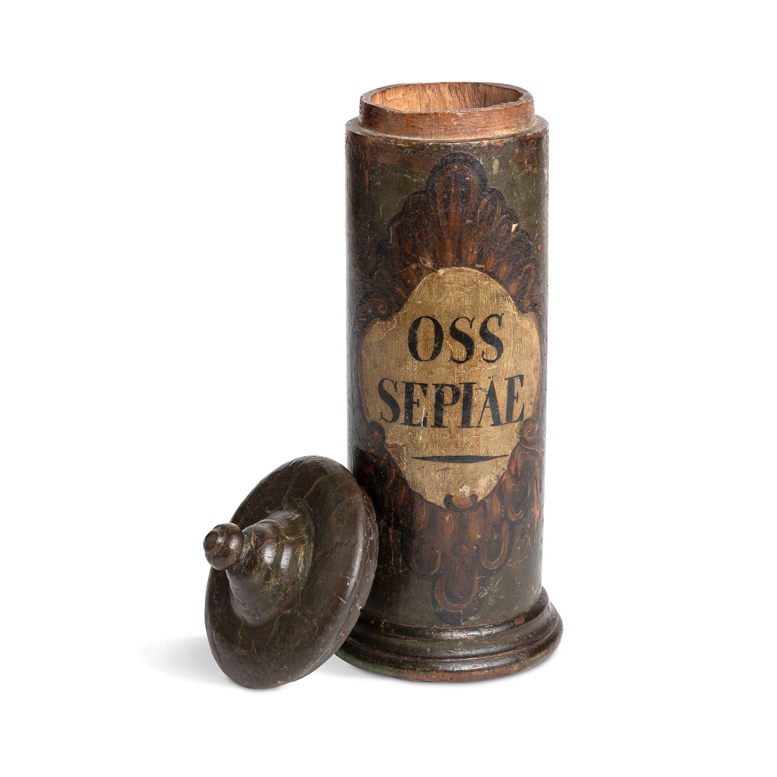 Early 19th C. Italian Apothecary Painted Wooden Jar Eleish Van Breems Home