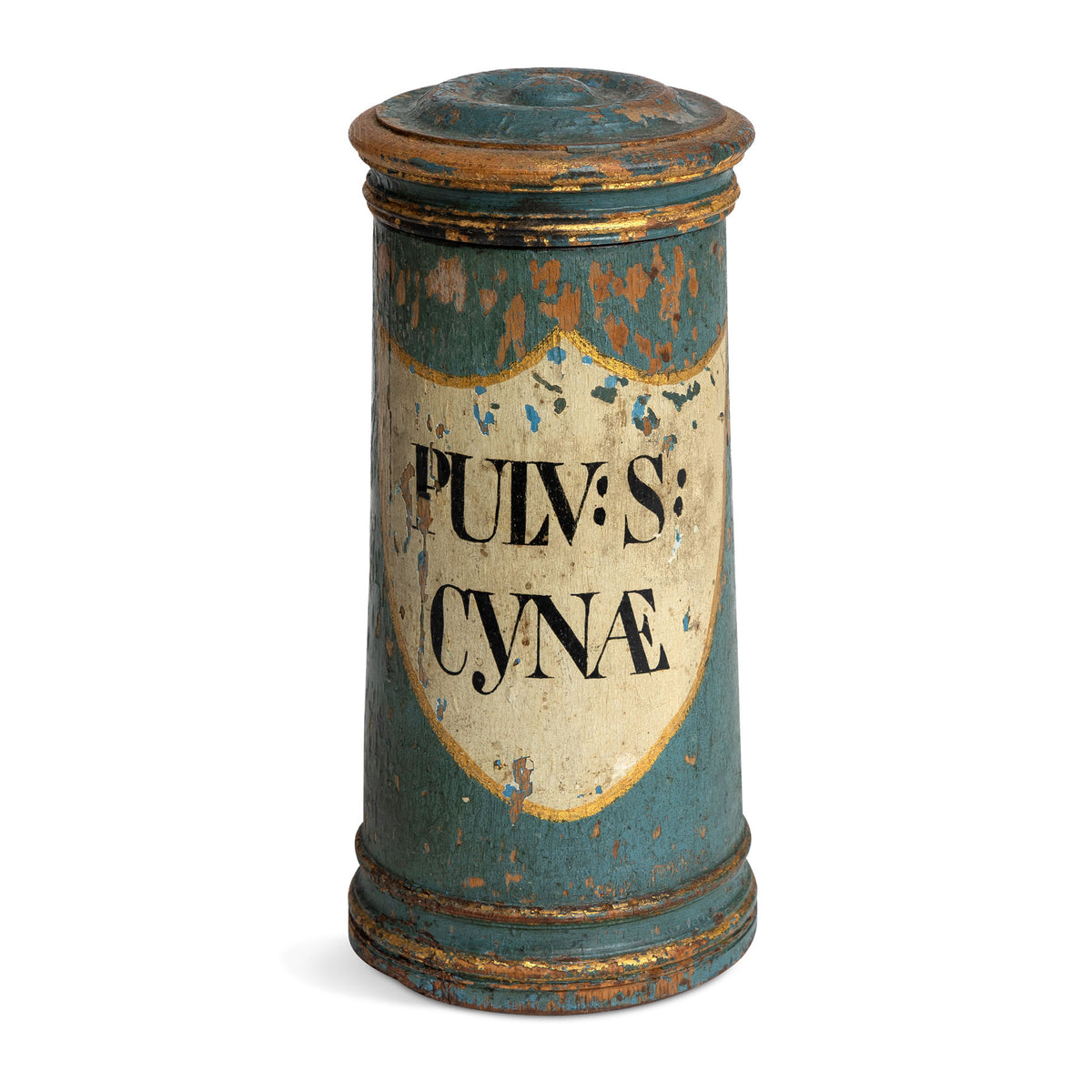 Early 19th C. Apothecary Wooden Jar of Pulvis Cyna Eleish Van Breems Home