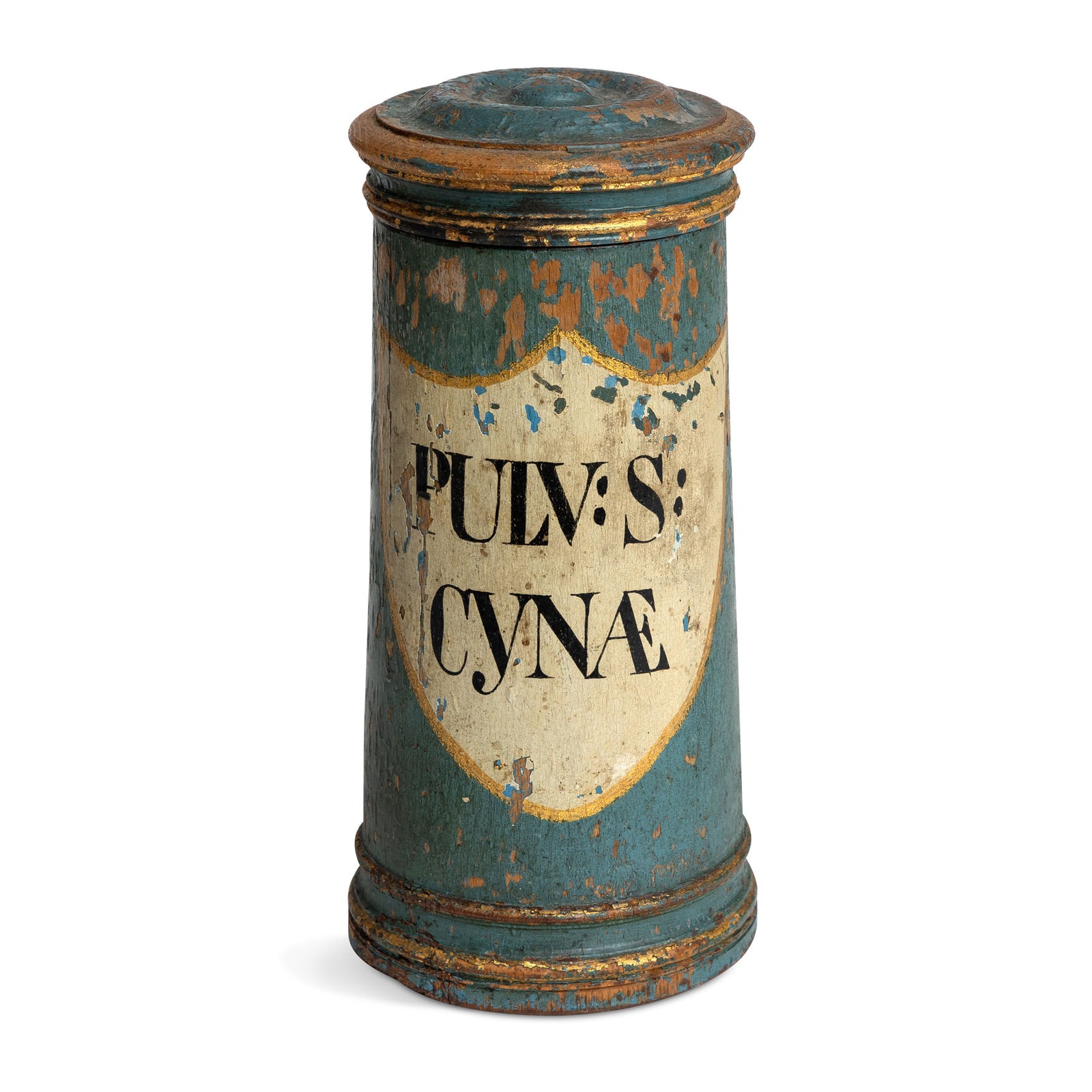 Early 19th C. Apothecary Wooden Jar of Pulvis Cyna Eleish Van Breems Home