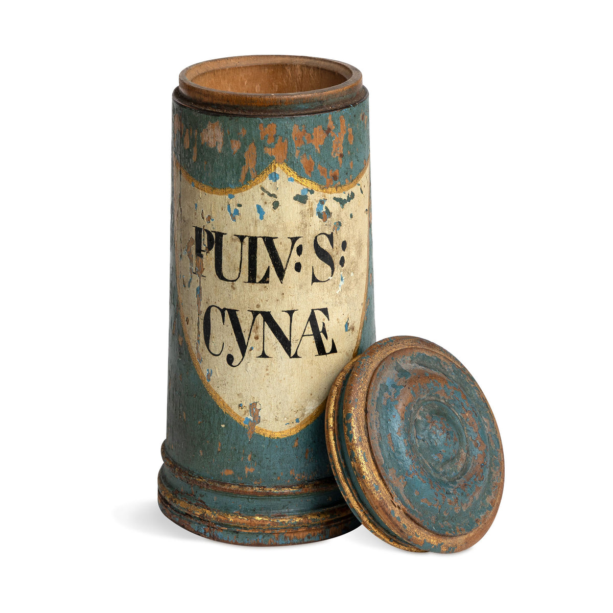 Early 19th C. Apothecary Wooden Jar of Pulvis Cyna Eleish Van Breems Home