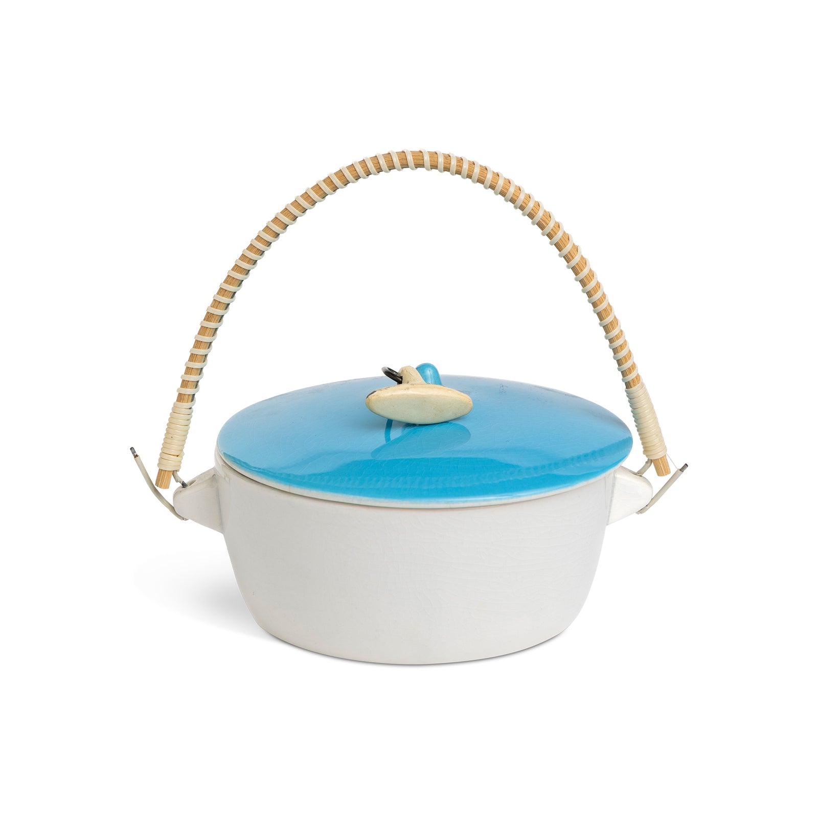 Mid-Century Japanese Tack Schmid Porcelain Pot with Lid and Cane Wrapped Handle Eleish Van Breems Home