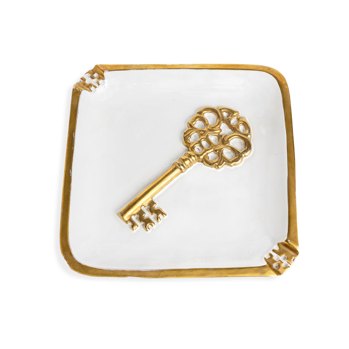 Mid-Century Italian Ceramic Square Key Dish with Gilt Motif Eleish Van Breems Home