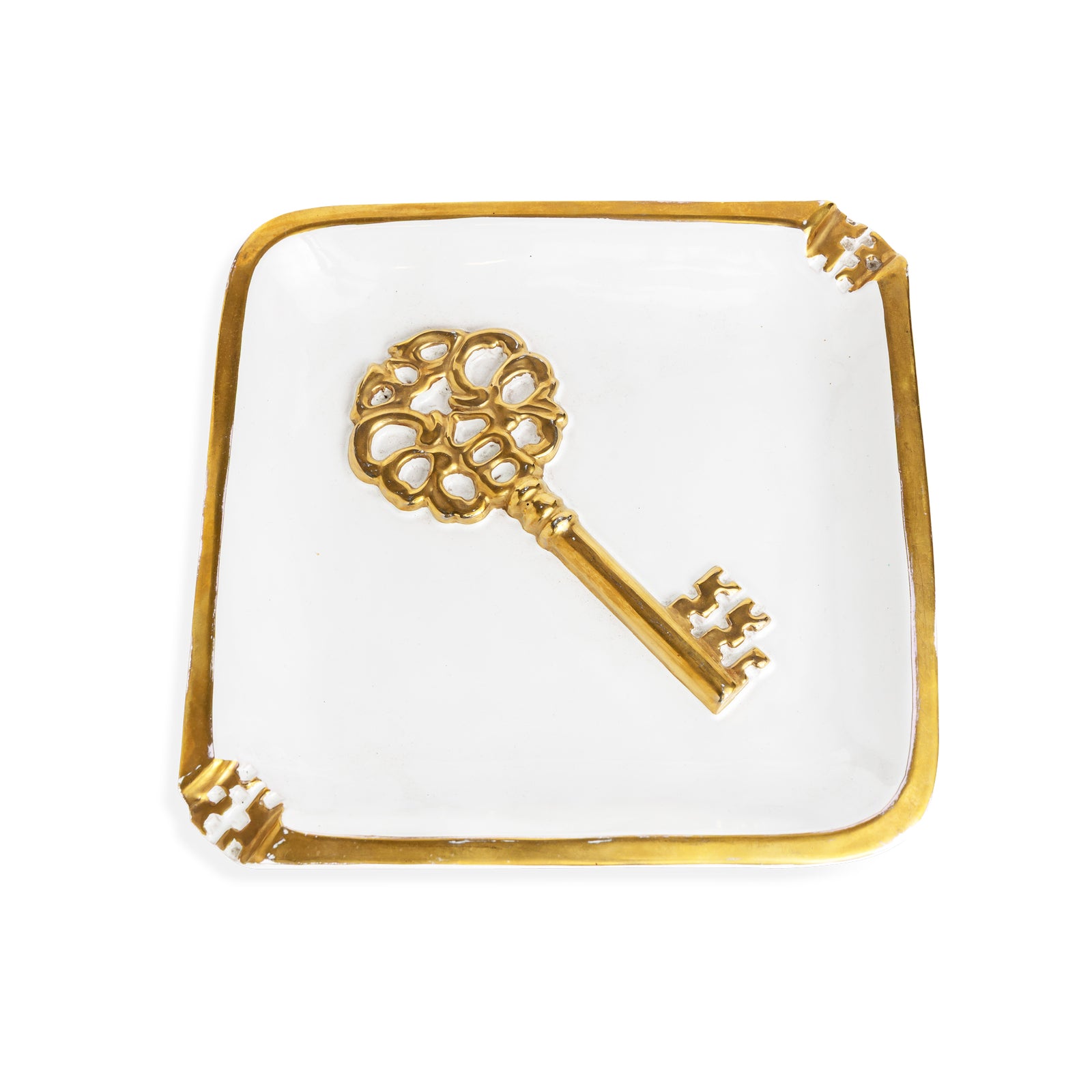 Mid-Century Italian Ceramic Square Key Dish with Gilt Motif Eleish Van Breems Home