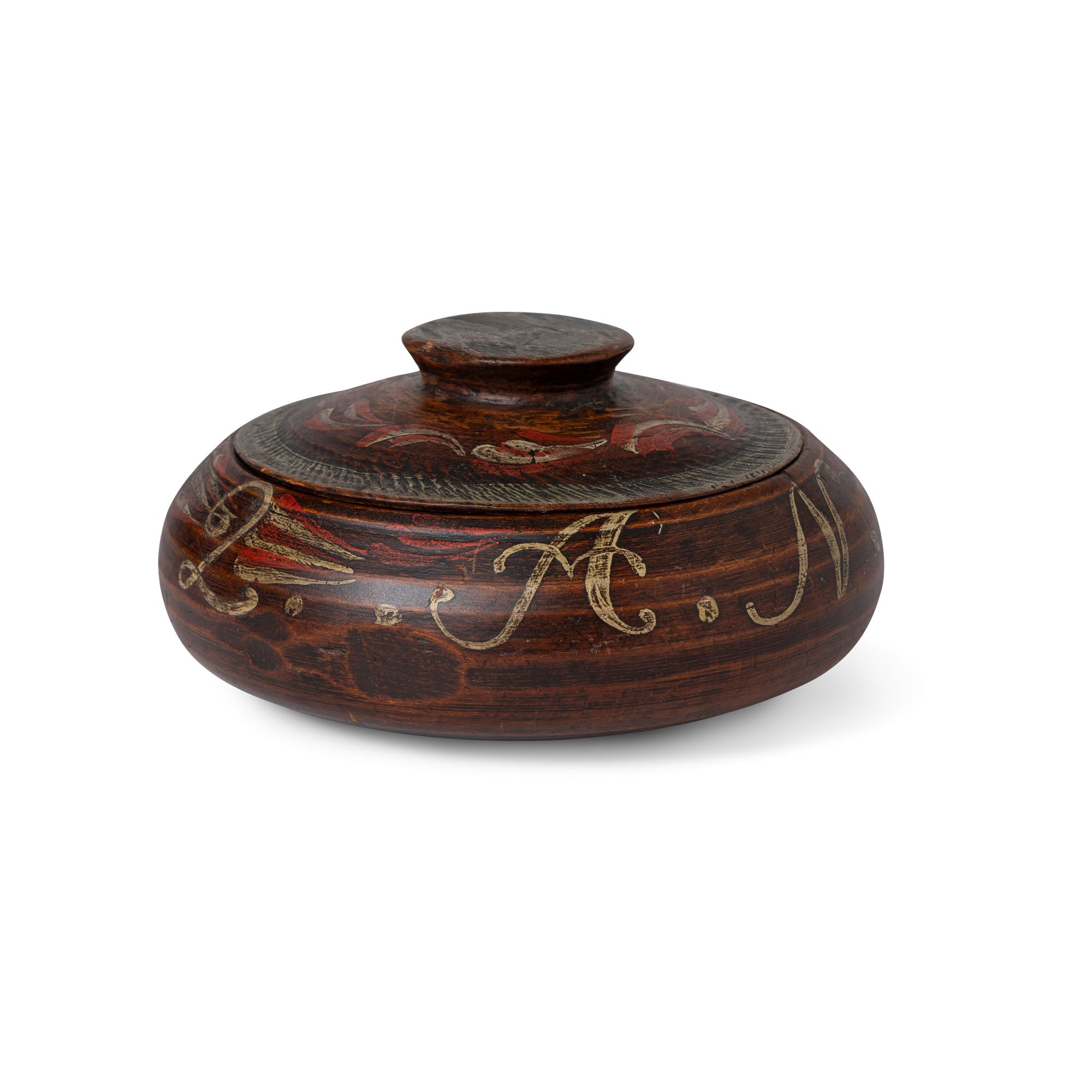 Painted Pine Round Norwegian Keepsake Box with lid. Initials A.N.S. Dated 1832 Eleish Van Breems Home