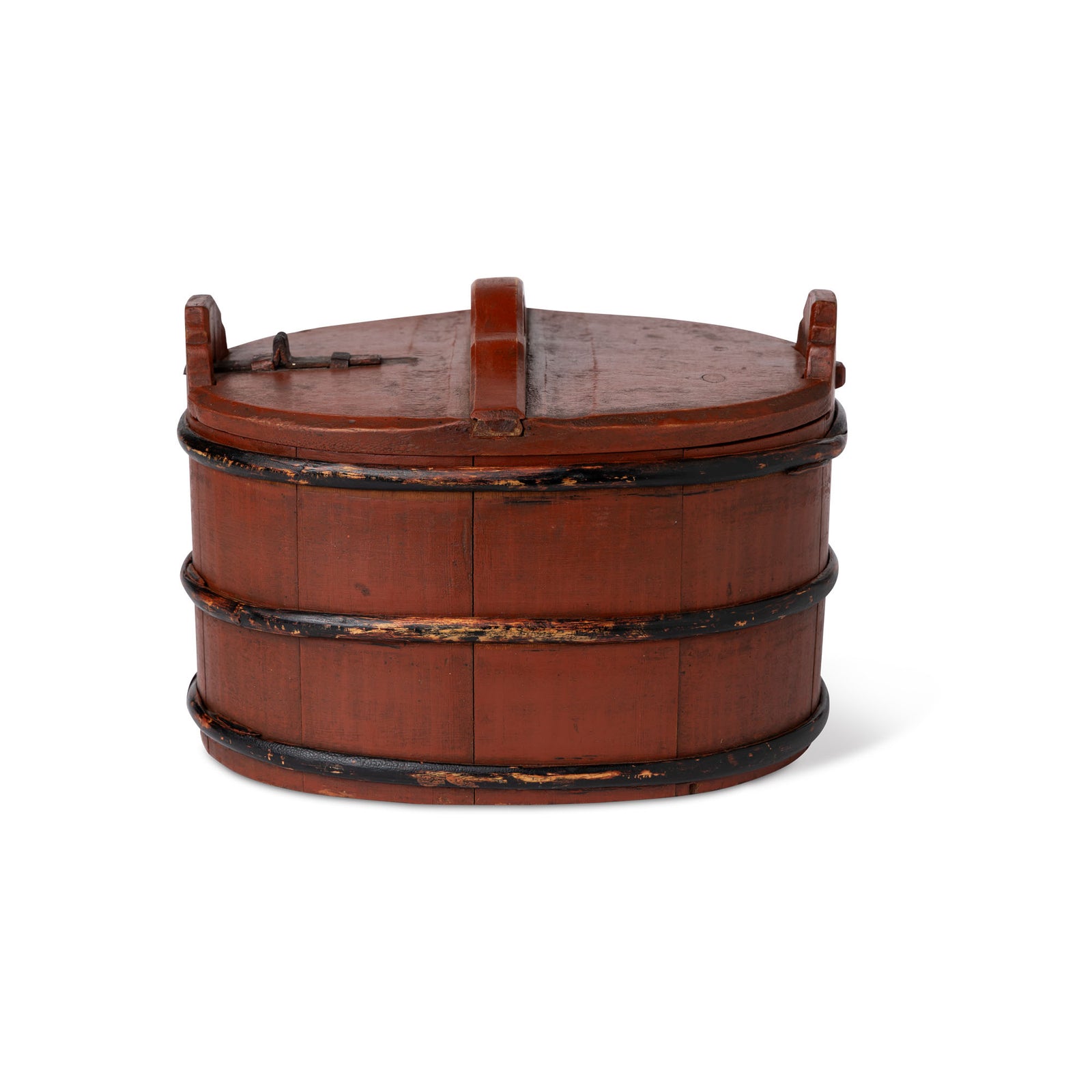 19thC. Swedish Red & Black Painted Pine, Wood Banded Box Eleish Van Breems Home