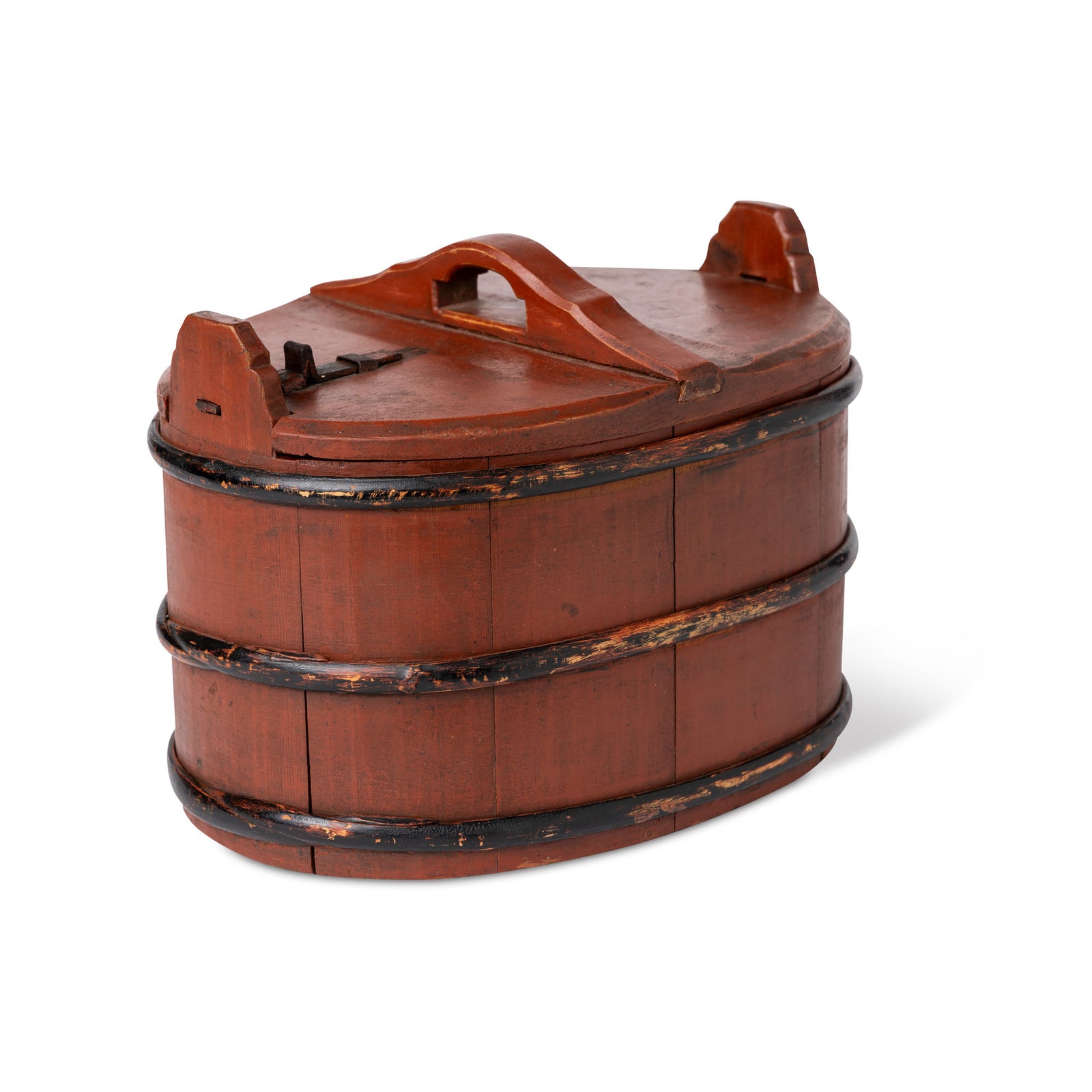 19thC. Swedish Red & Black Painted Pine, Wood Banded Box Eleish Van Breems Home