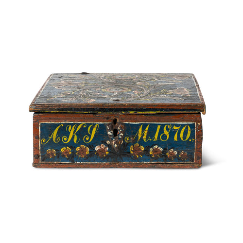 19th C. Norwegian Painted Pine Lock Box 1870. Square with Attached Locking Lid