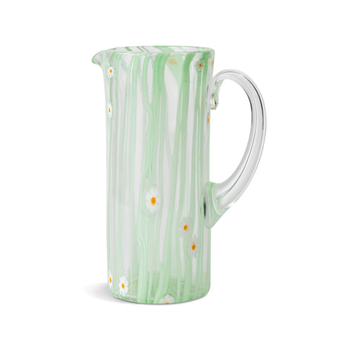 Primavera Grassgreen Murano Glass Jug with White Flowers