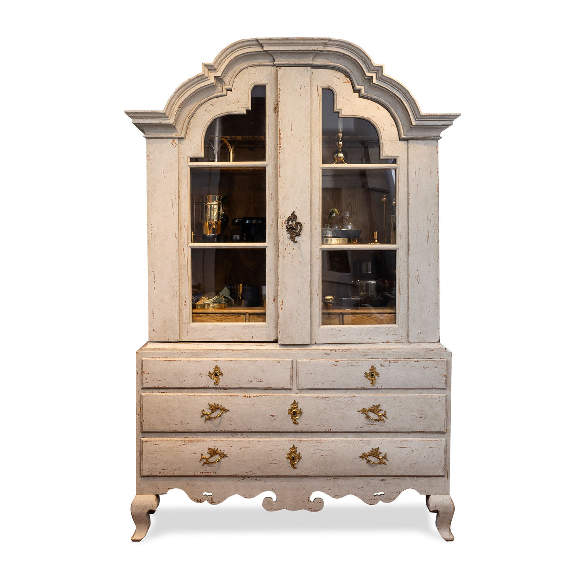 Early 19th C. Danish Rococo Painted. Glass Front Armoire Eleish Van Breems Home
