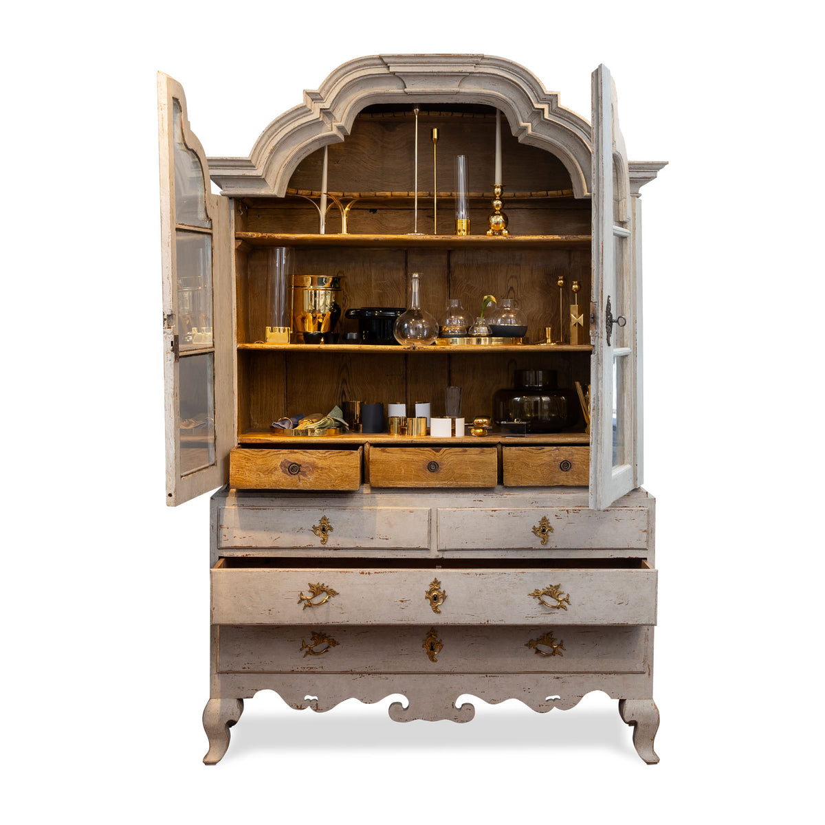 Early 19th C. Danish Rococo Painted. Glass Front Armoire Eleish Van Breems Home