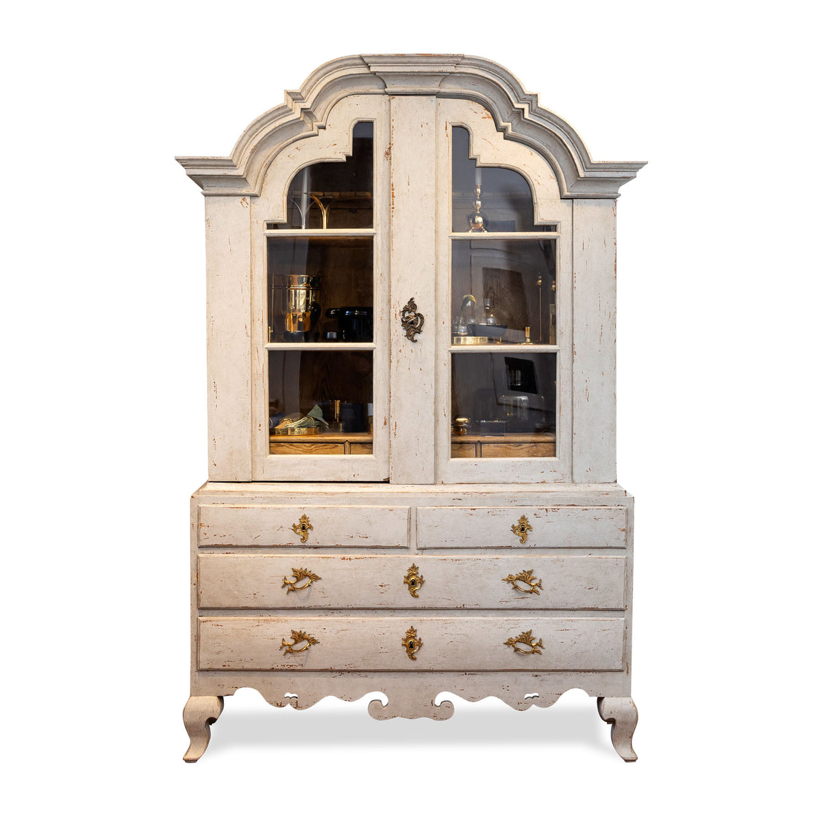 Early 19th C. Danish Rococo Painted. Glass Front Armoire Eleish Van Breems Home