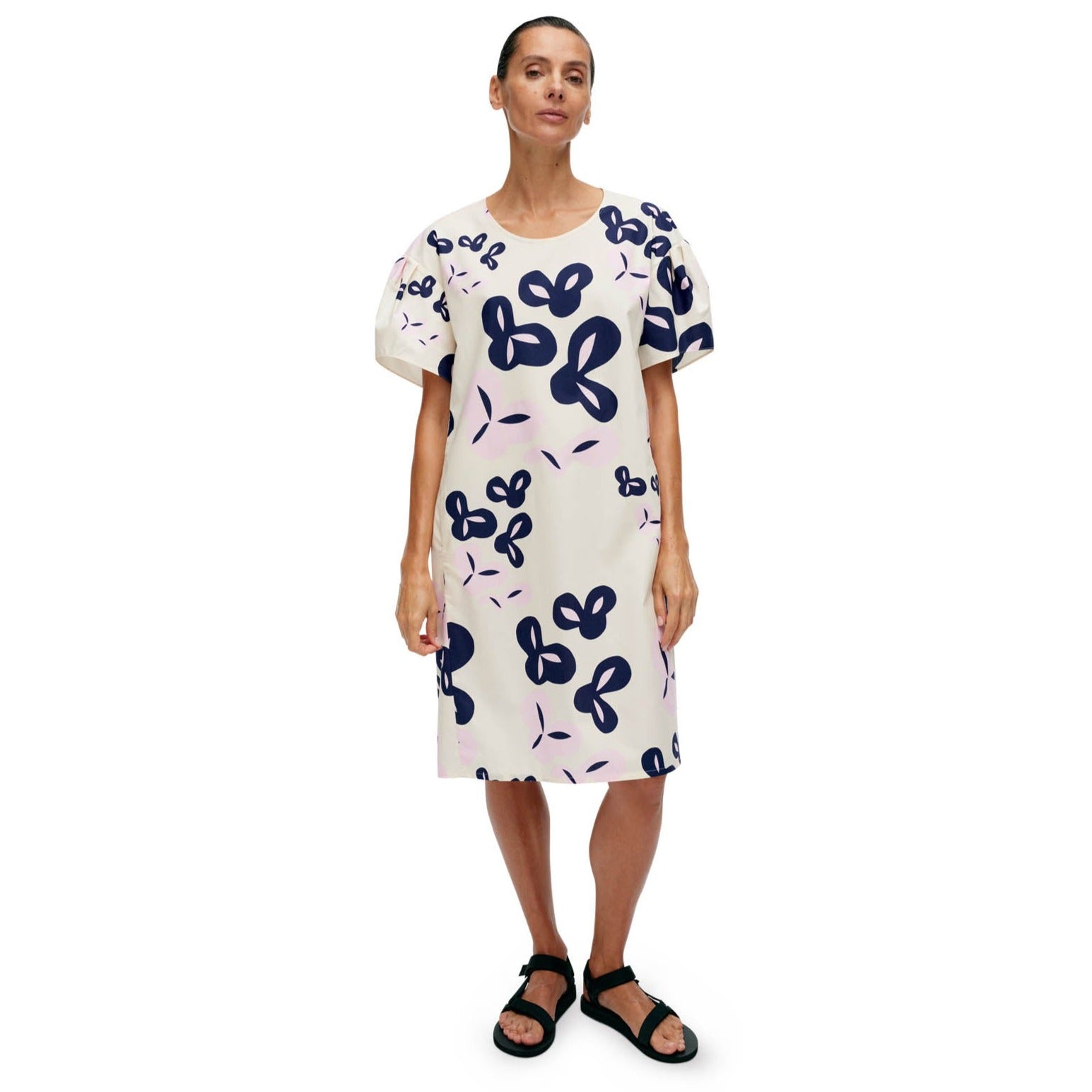Marimekko Avomeri Poiminto Cotton Dress, Off White, Light Pink & Navy