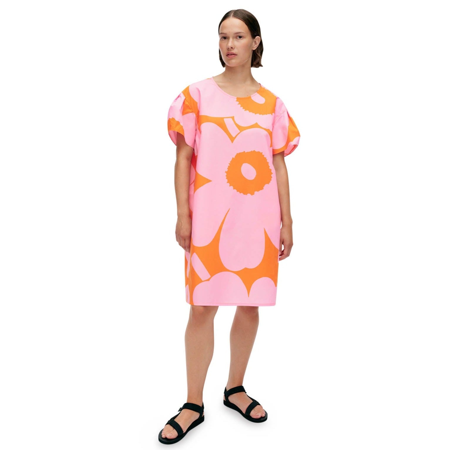 open lace back dress Marimekko Avomeri Unikko Cotton Dress, Light Pink & Orange