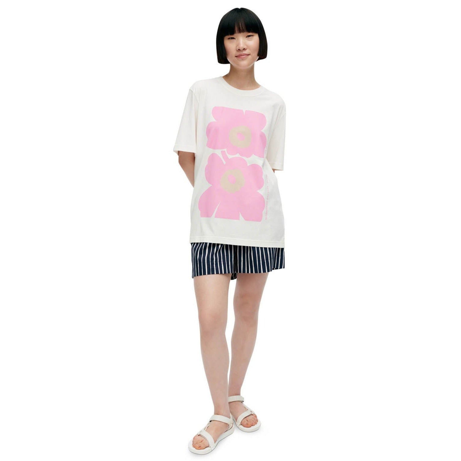 Marimekko Embla Unikko Placement Cotton Tee Shirt, White With A Pink Flower Eleish Van Breems Home