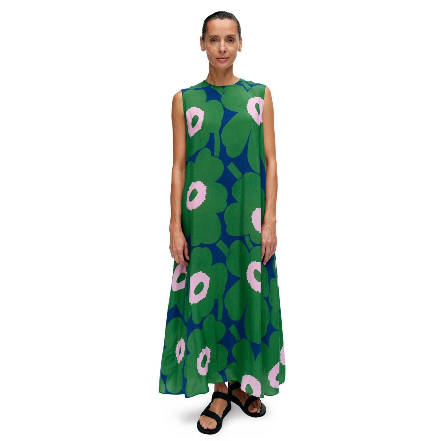 Marimekko Migot Unikko Dress, Blue With Green & Pink Pistol Flowers - Eleish Van Breems Home Marimekko Migot Unikko Dress, Blue With Green & Pink Pistol Flowers - Eleish Van Breems Home
