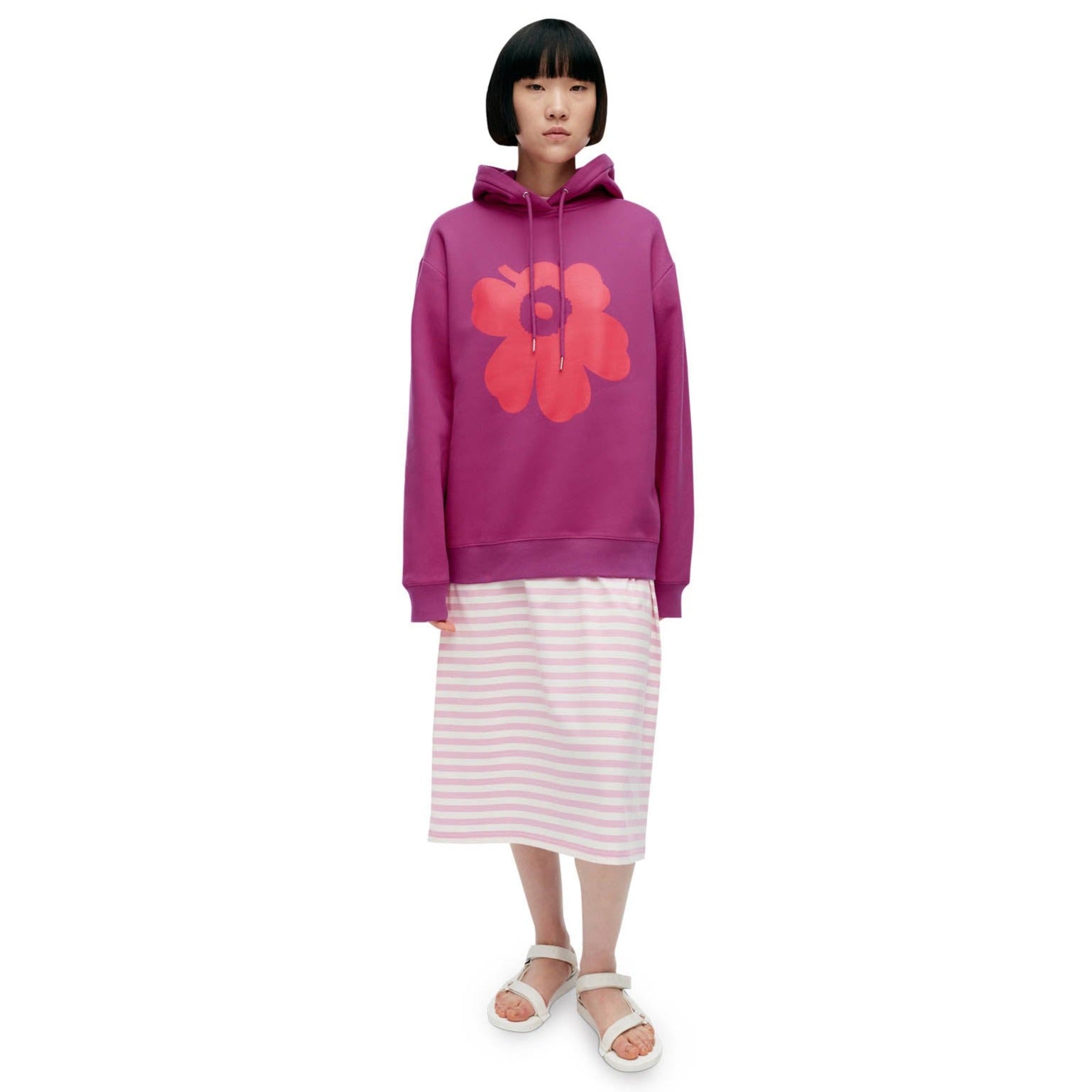 Marimekko Runoja Unikko Hooded Sweatshirt, Fushia With Red Flower