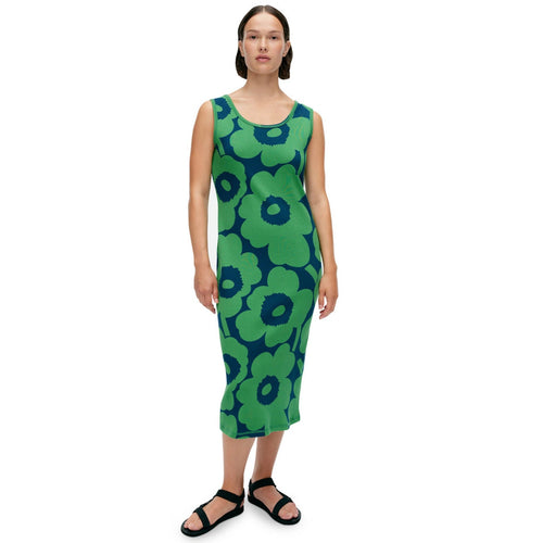 Marimekko Simpukka Unikko Sleeveless Dress, Blue With Green Flowers