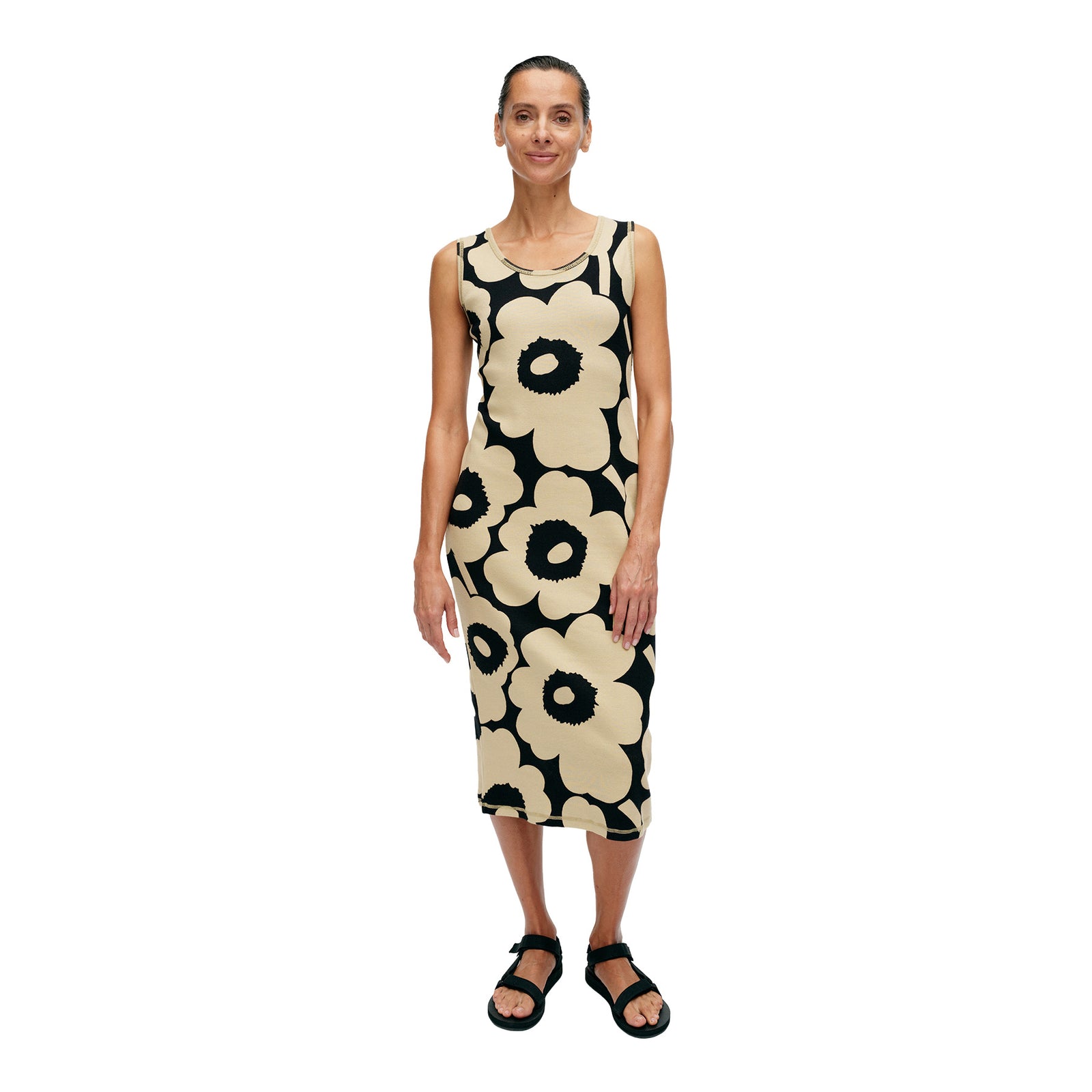 Simpukka Unikko Sleeveless Dress, Black With Beige Flowers Eleish Van Breems Home