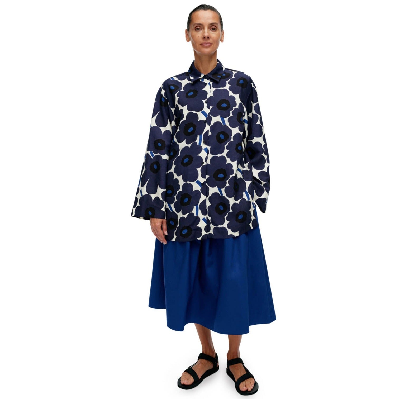 Marimekko Torma Unikko Blouse, White With Blue Flowers - Eleish