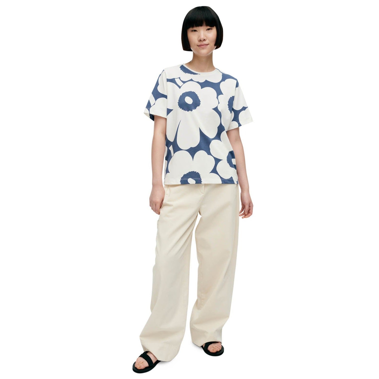 Marimekko Tunnit Unikko Cotton Jersey Shirt, Off White & Blue